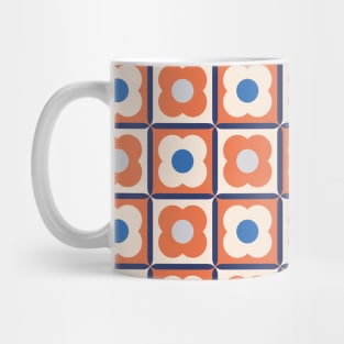 Retro Floral Checker Pattern Apricot Crush, Blue Mug